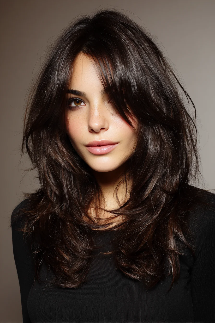 Long Layered Shag with Curtain Bangs for Medium to Thick Hair