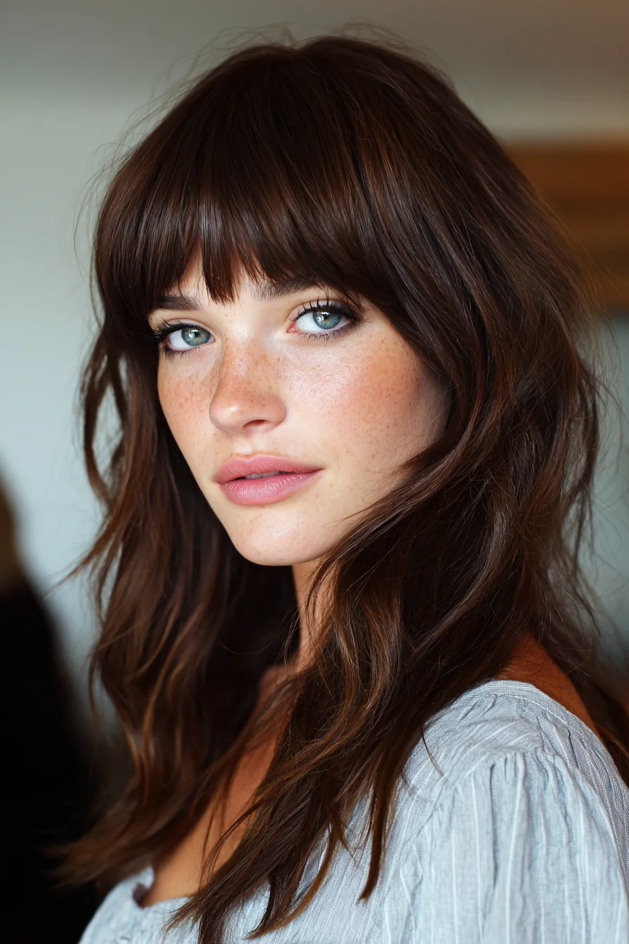 Long Layered Shag with Soft Curtain Bangs — Tousled Beach Texture