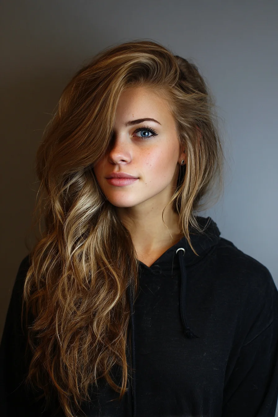 Long Layered Side-Swept Beach Waves with Face-Framing Layers