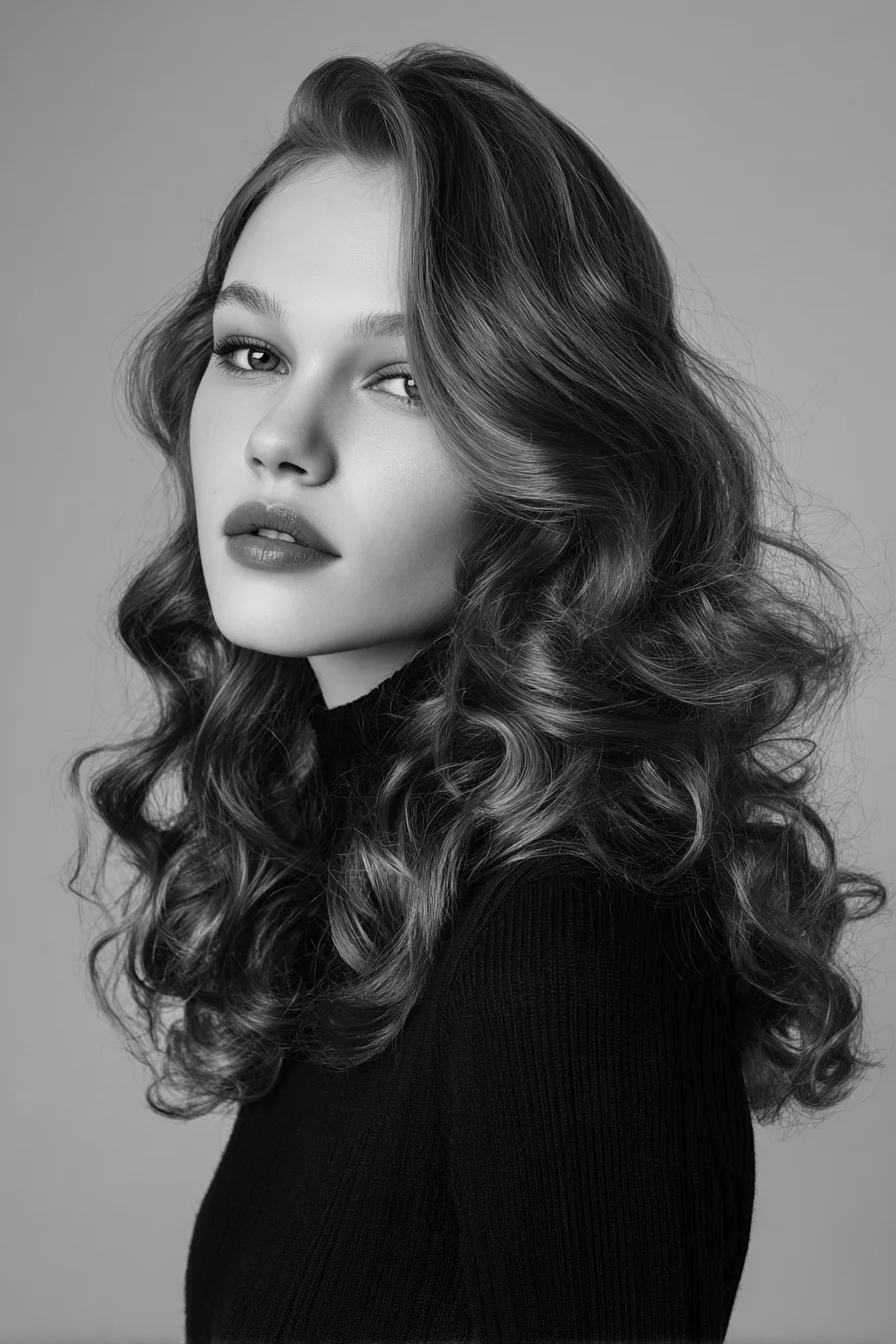 Long Layered Voluminous Curls with Deep Side Part