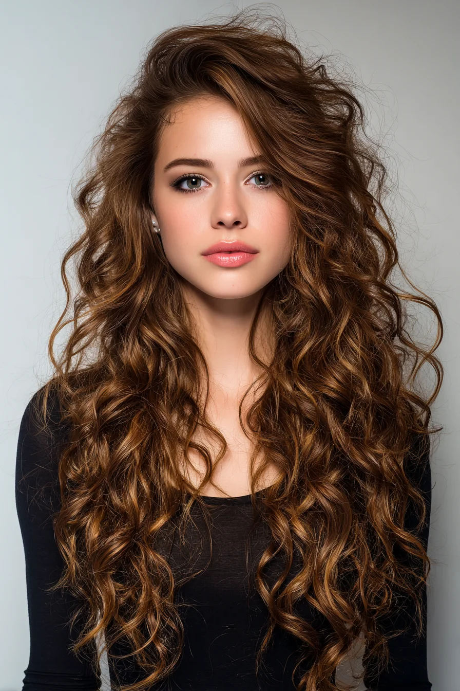 Long Layered Voluminous Curls with Side‑Swept Texture