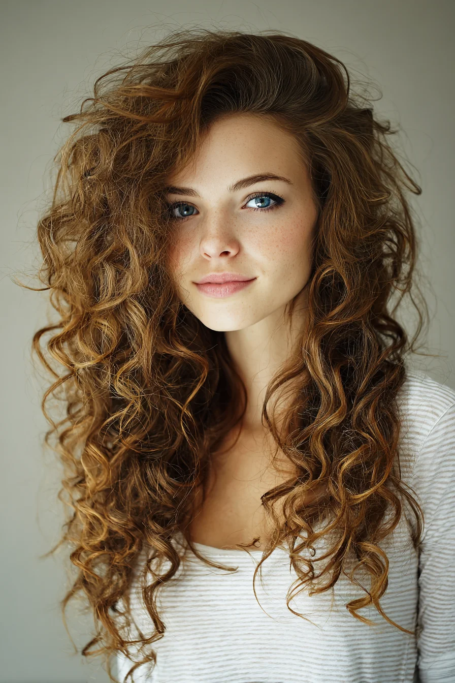 Long Layered Voluminous Natural Curls with Side-Swept Crown