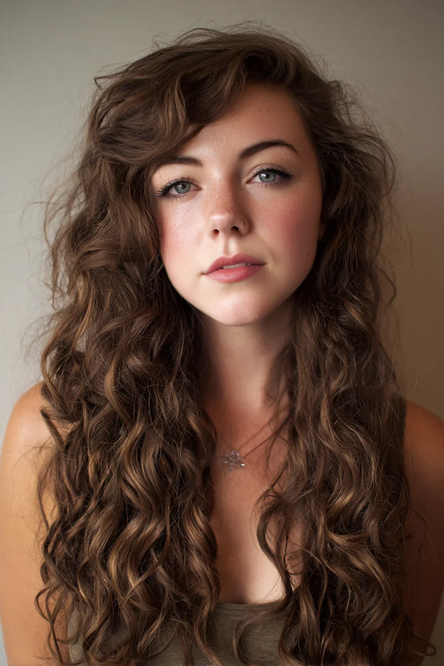 Long Layered Voluminous Waves with Side-Swept Curtain Fringe