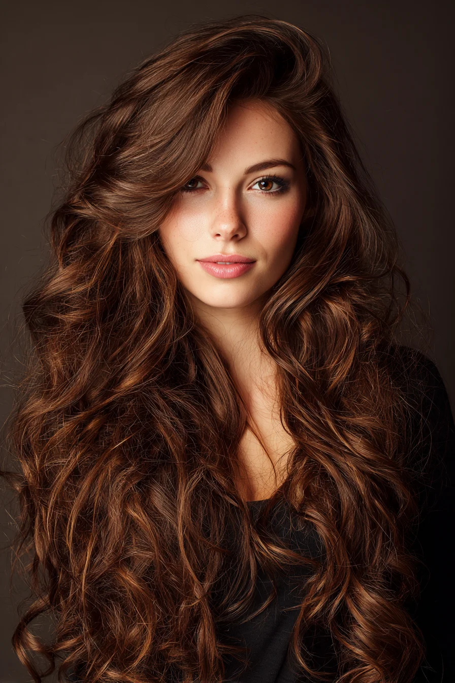 Long Layered Voluminous Waves with Side-Swept Face-Framing Layers