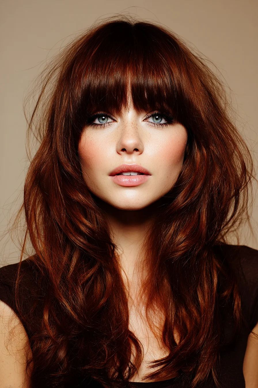 Long Layered Waves with Blunt Fringe (Auburn Textured Style)