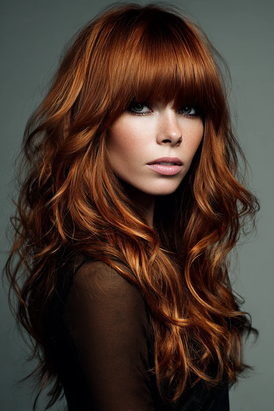 Long Layered Waves with Full Blunt Bangs — Soft Copper Texture