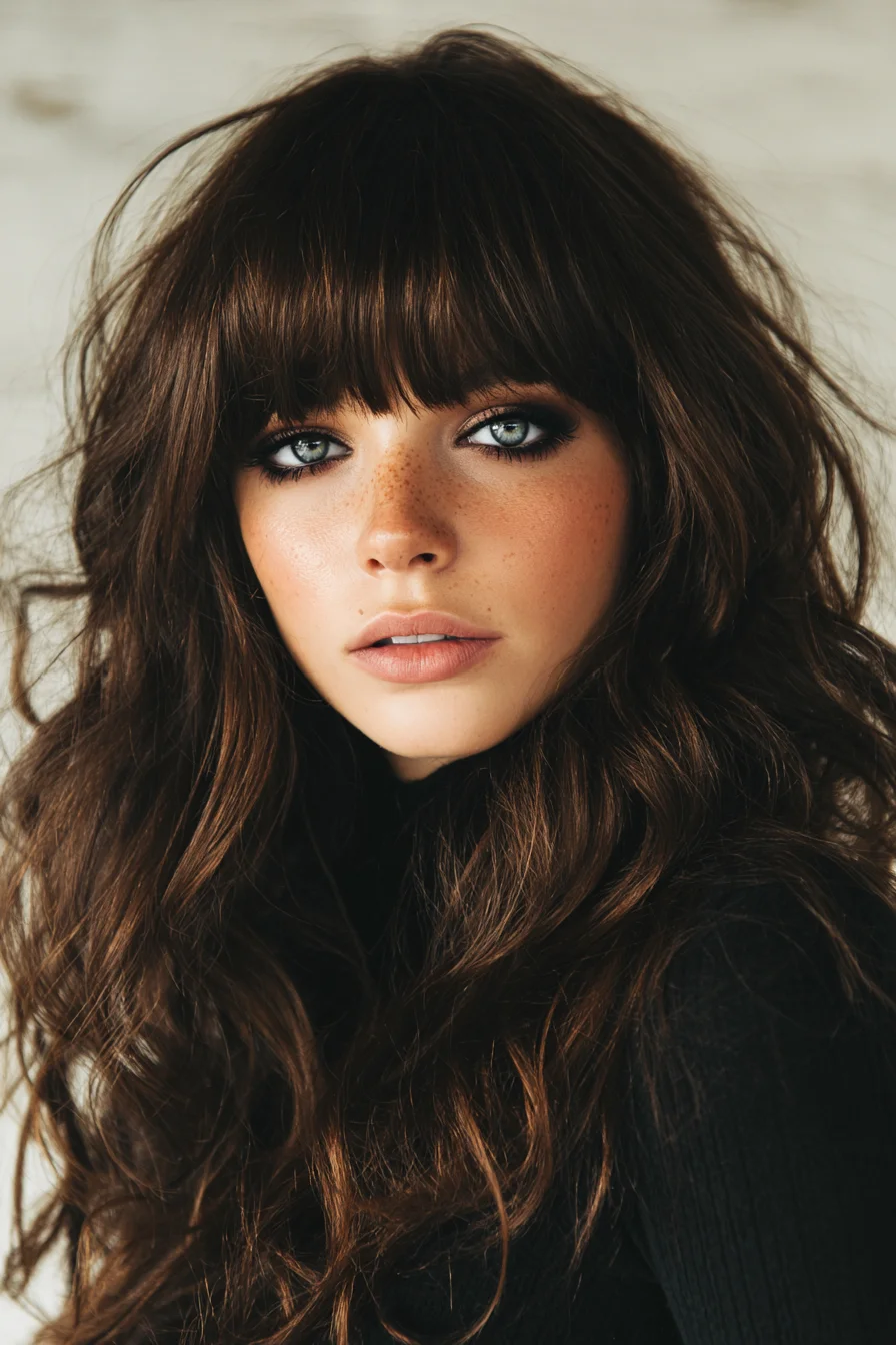 Long Layered Waves with Full Blunt Fringe — Voluminous Chocolate Brown Cut
