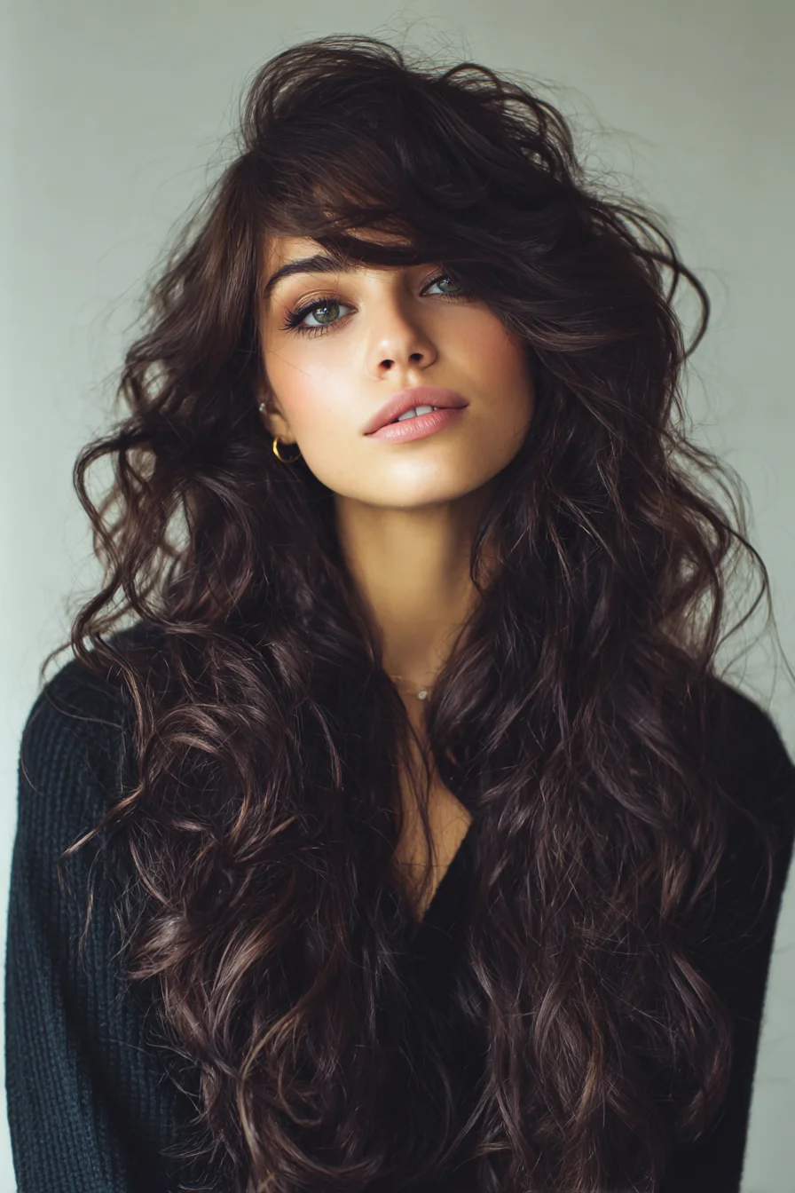 Long Layered Waves with Side-Swept Curtain Bangs — Voluminous Textured Style