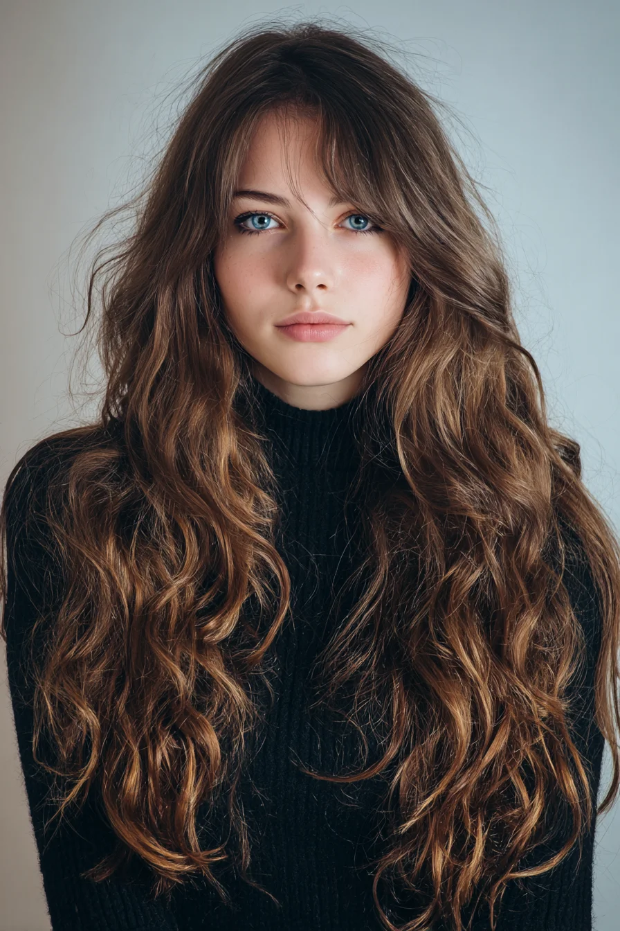 Long Layered Waves with Soft Curtain Bangs