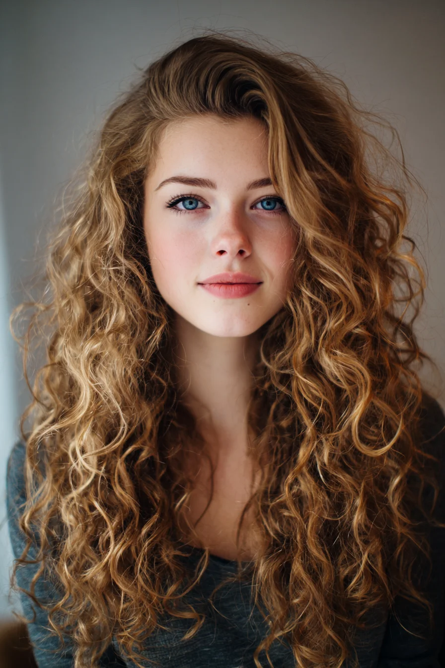 Long Natural Voluminous Curls with Deep Side Part