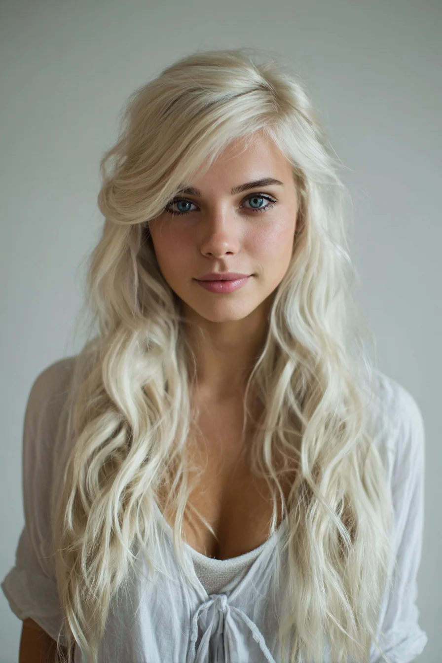 Long Platinum Beach Waves with Side-Swept Fringe