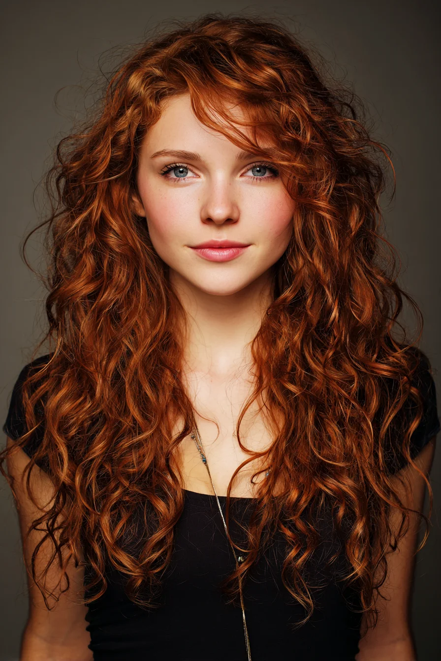 Long Red Curly Layers with Face‑Framing Fringe