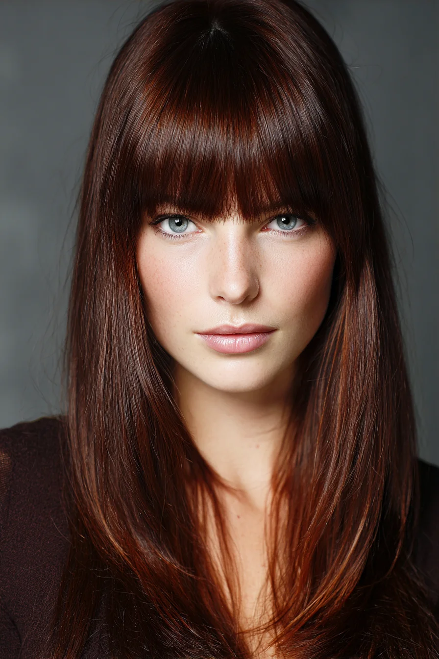Long Sleek Chestnut Cut with Blunt Fringe and Subtle Face‑Framing Layers