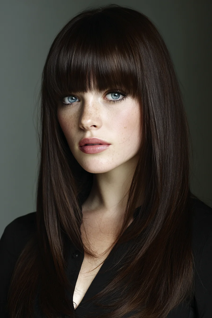 Long Sleek Layers with Blunt Fringe — Straight, Glossy Finish