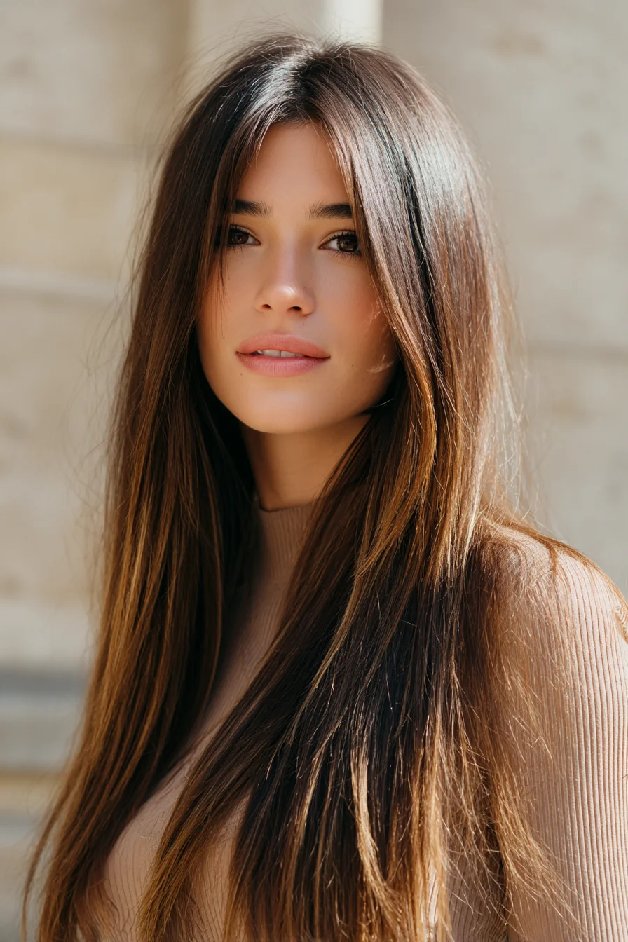 Long Sleek Layers with Curtain Face‑Framing Bangs