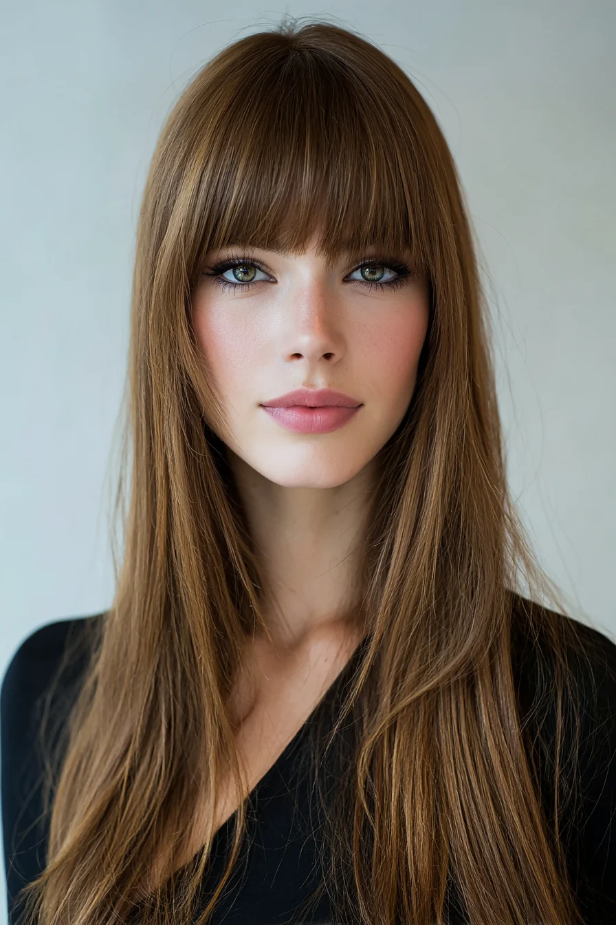Long Sleek Layers with Full Blunt Bangs