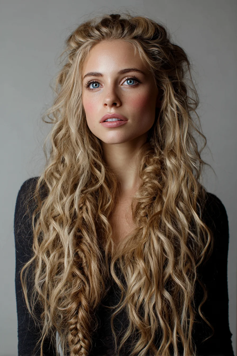 Long Textured Beach Waves with Soft Fishtail Braid Accent