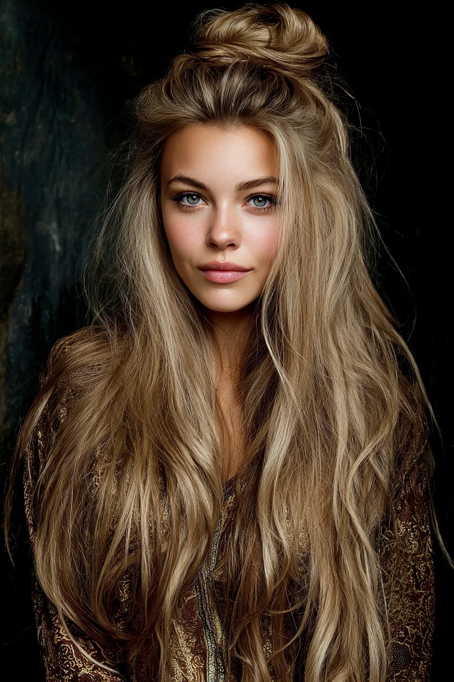 Long Textured Waves with a Half‑Up Messy Top Knot