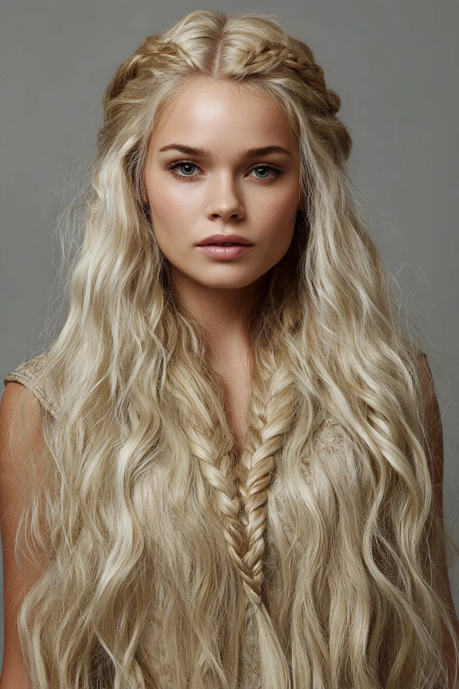 Long Textured Waves with Crown Braids and Center Fishtail
