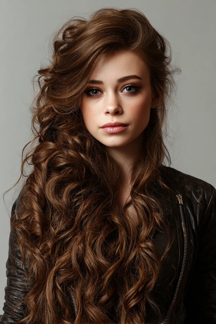 Long Voluminous Side‑Swept Loose Curls