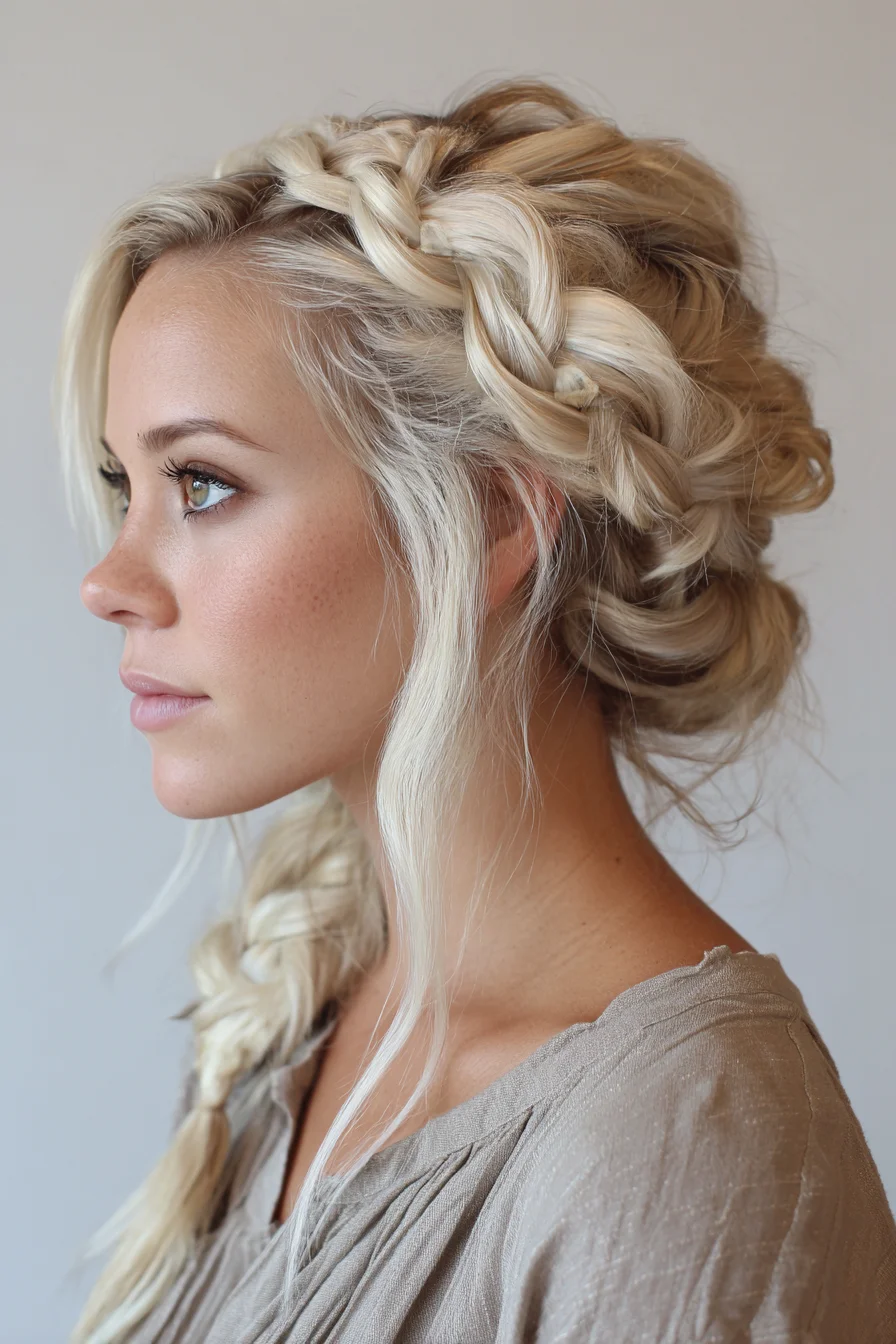Loose Crown Braid into Low Braided Bun — Textured Boho Updo