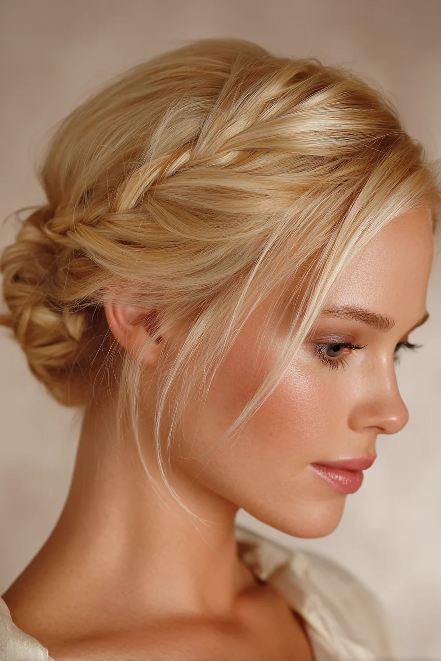 Loose Crown Braid into Low Textured Bun — Romantic Updo for Medium-Long Hair