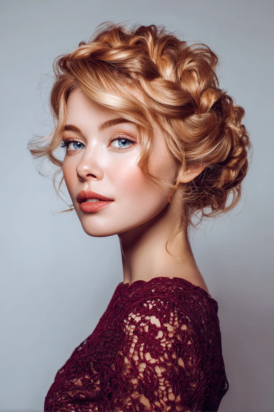 Loose Crown Braid Updo with Soft Face‑Framing Tendrils