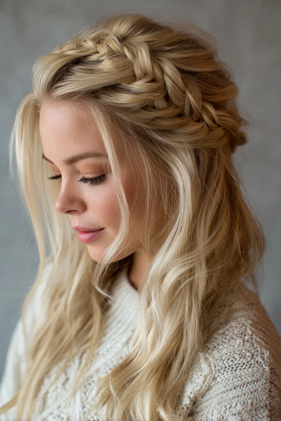 Loose Half-Up Crown Braid with Beachy Waves