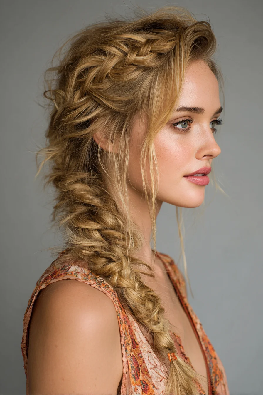 Loose Textured Fishtail Braid with Face‑Framing Tendrils