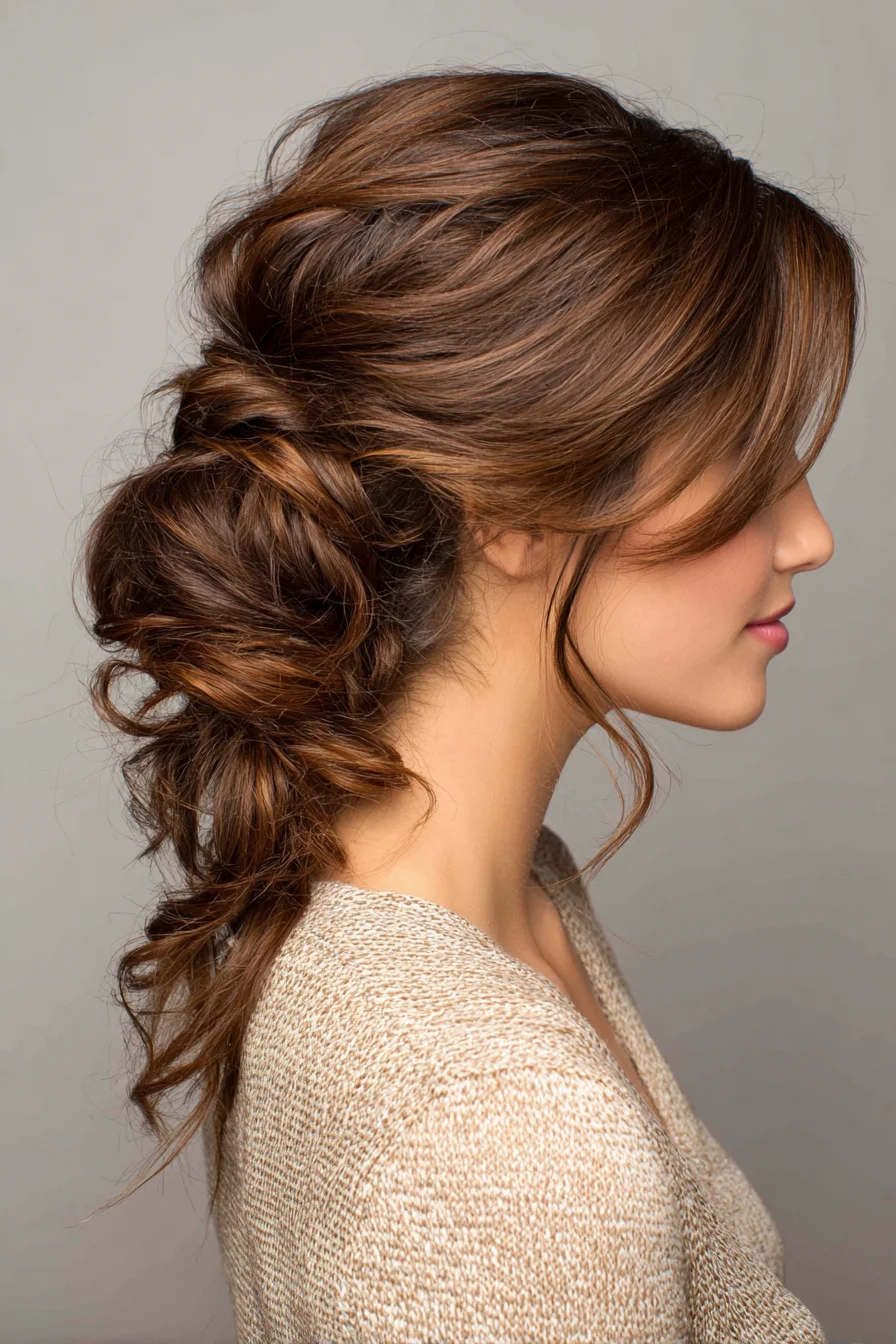 Loose Textured Low Bun with Twists and Face‑Framing Layers