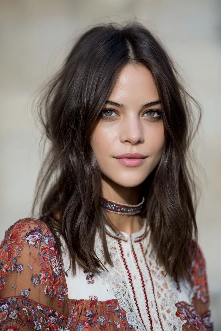 Medium-Length Textured Layers with Middle Part and Soft Tousled Waves