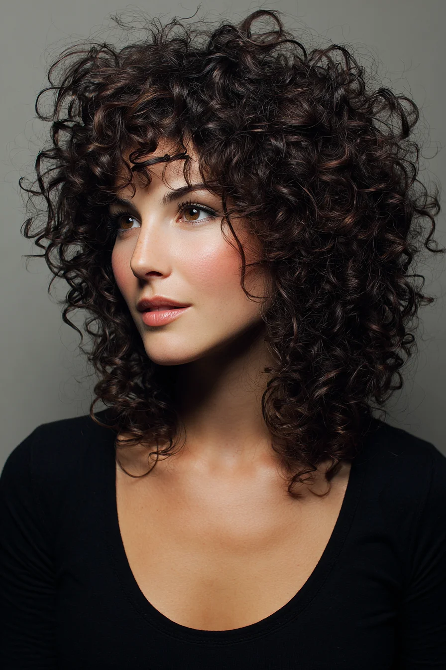 Medium-Length Voluminous Curly Shag with Face-Framing Bangs