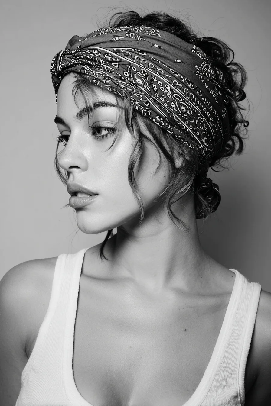 Messy Curly Bun with Bandana and Face-Framing Tendrils