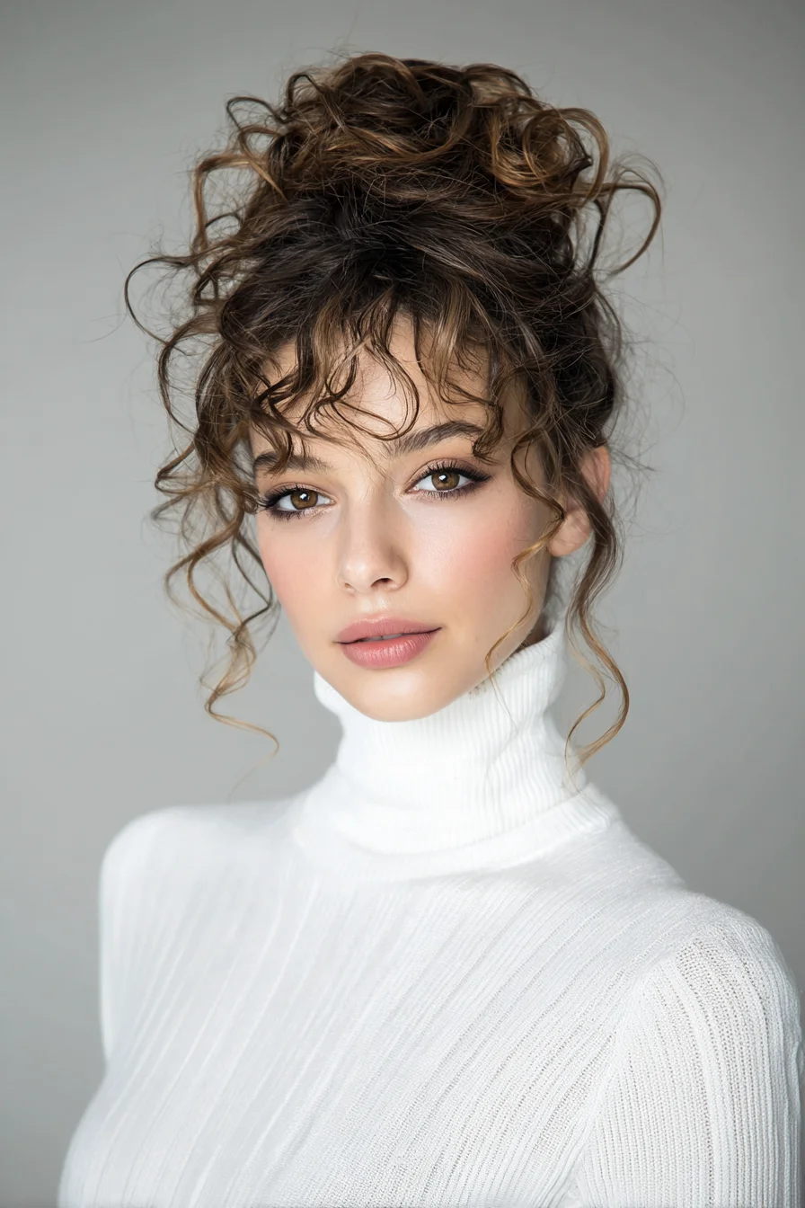 Messy Curly High Bun with Face‑Framing Curls