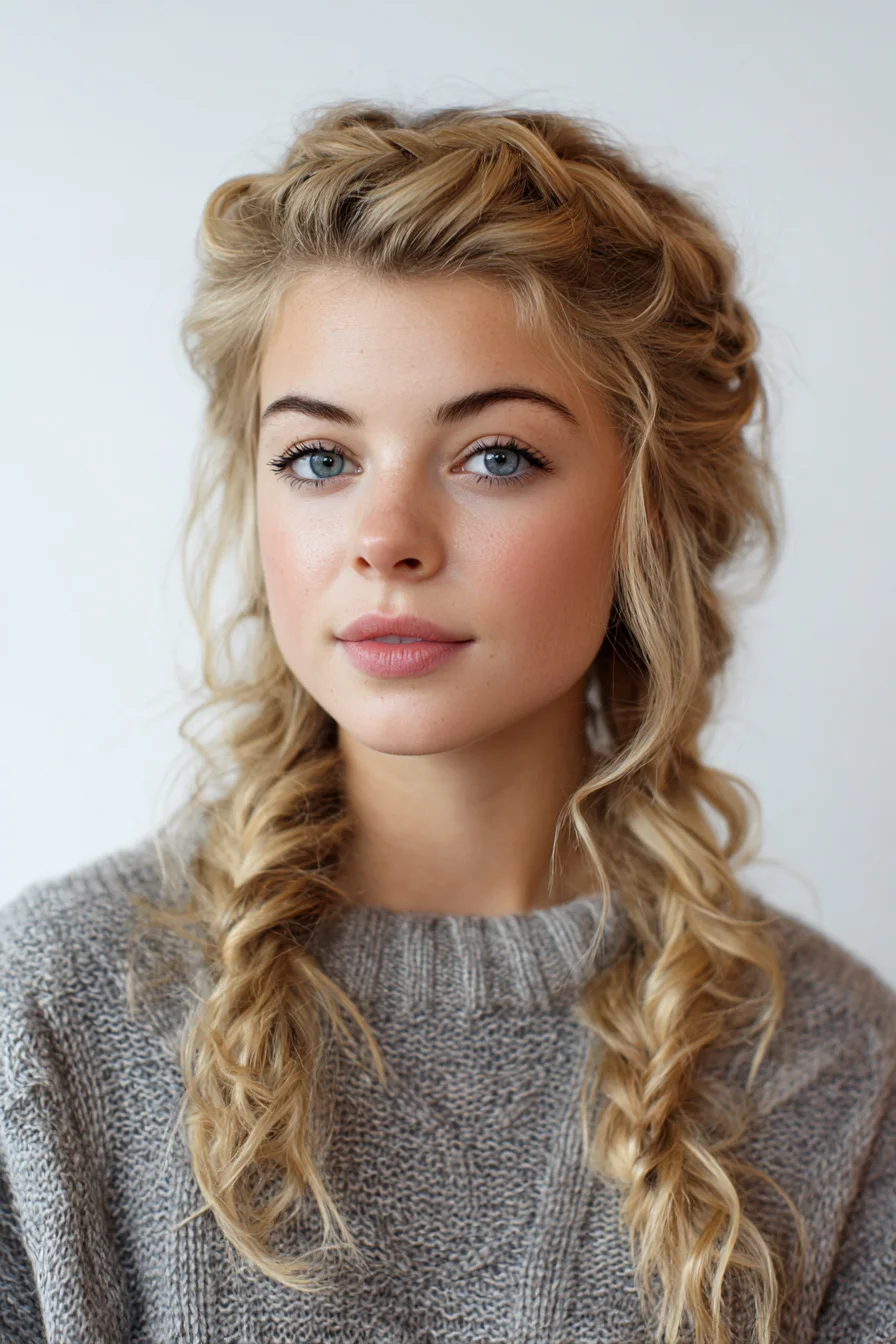 Messy Double Braids with Twisted Crown and Soft Face‑Framing Waves