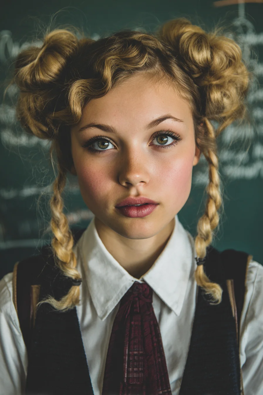 Messy Double Buns with Face‑Framing Braids — Textured Space Buns