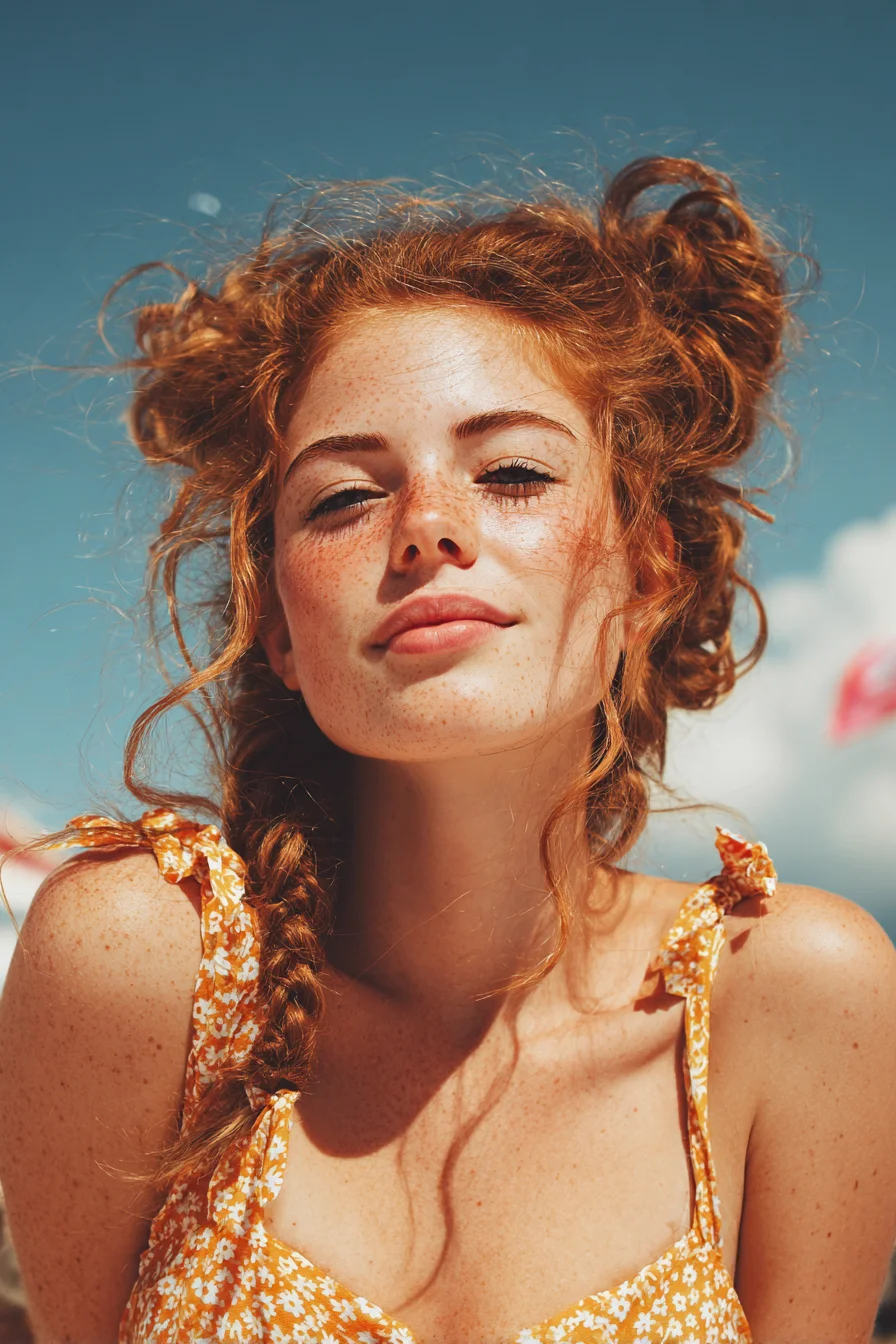 Messy Double Buns with Side Braid — Textured Red Hair