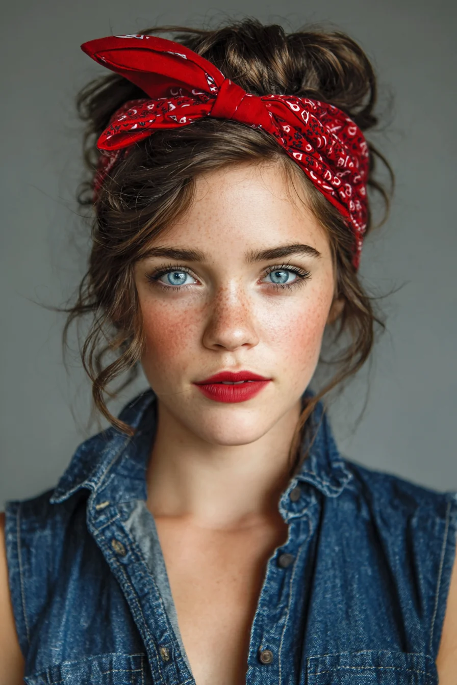 Messy High Bun with Bandana — Textured Updo for Wavy and Straight Hair