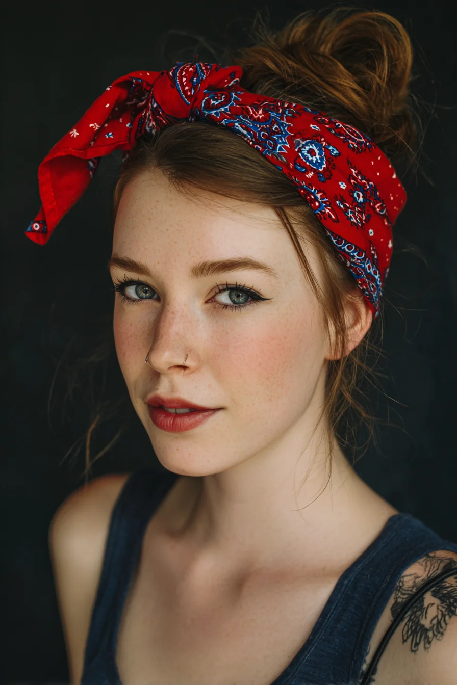 Messy High Bun with Bandana Wrap — Casual Boho/Rockabilly Updo