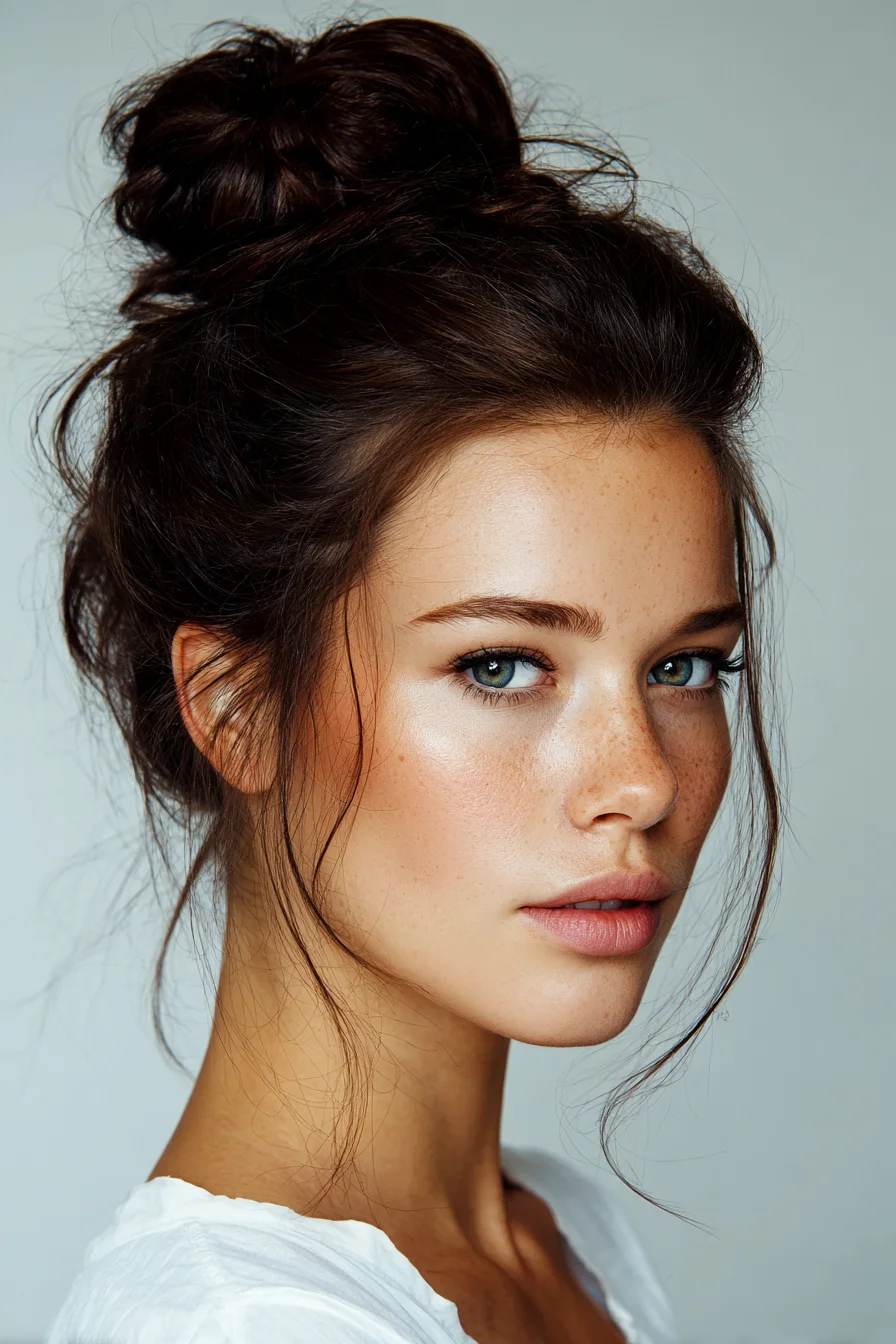 Messy High Bun with Face‑Framing Tendrils — Textured Top Knot