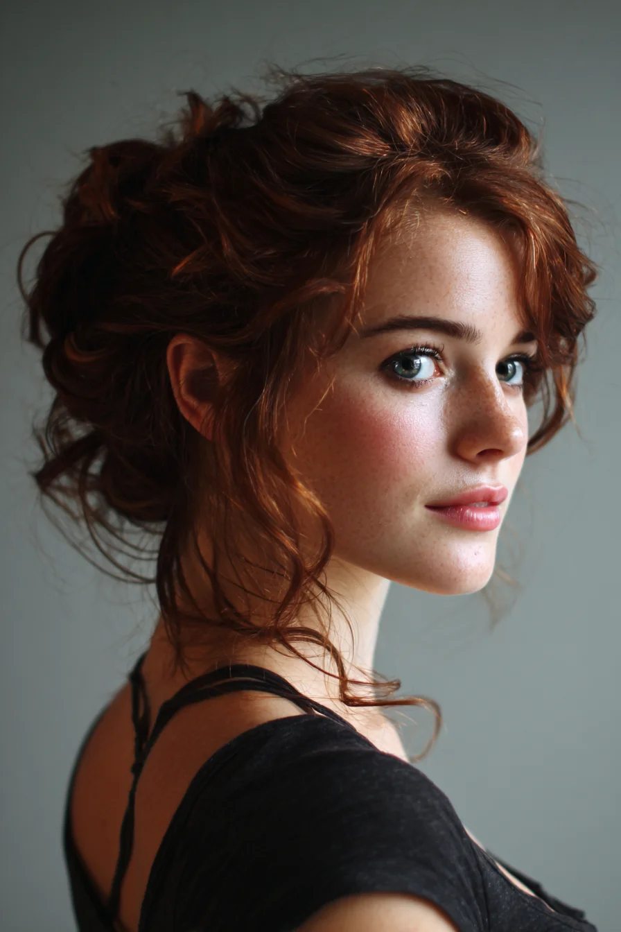 Messy Romantic Updo for Wavy or Curly Hair with Face‑Framing Tendrils