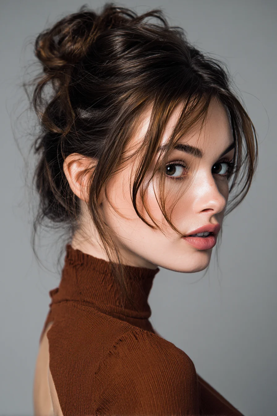 Messy Textured Low Bun with Face‑Framing Tendrils
