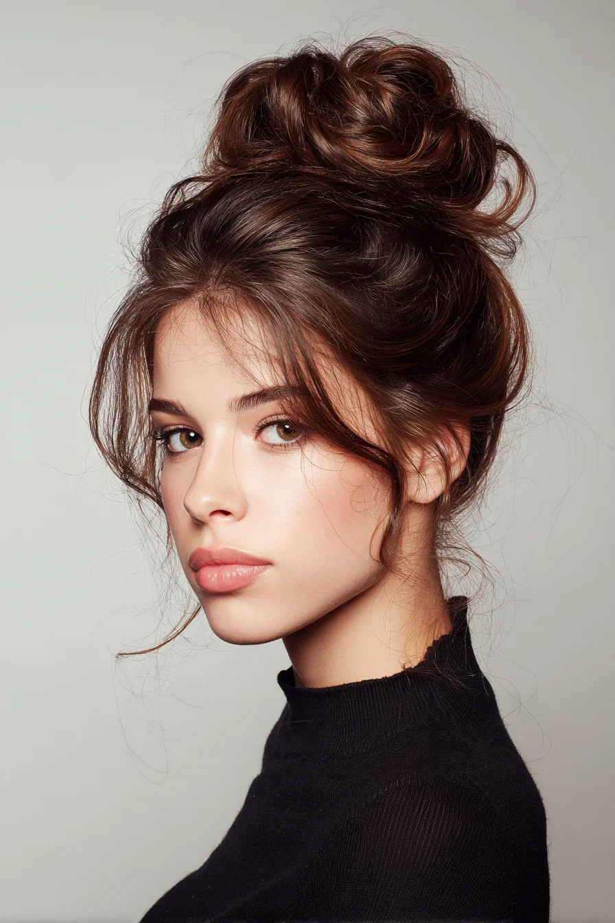Messy Textured Top Knot Bun with Face‑Framing Tendrils