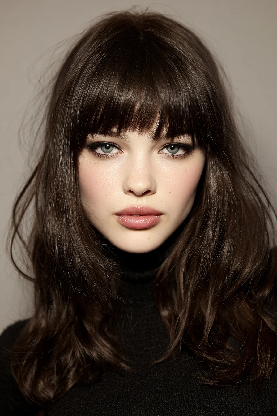Mid-Length Layered Cut with Wispy Blunt Bangs