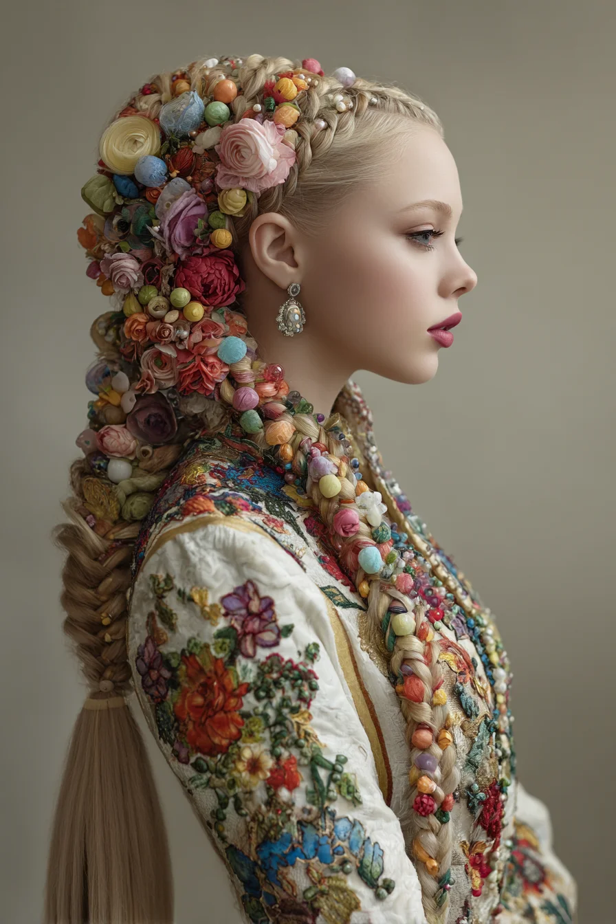 Ornate Floral-Embellished Crown and Plait Braids for Long Hair