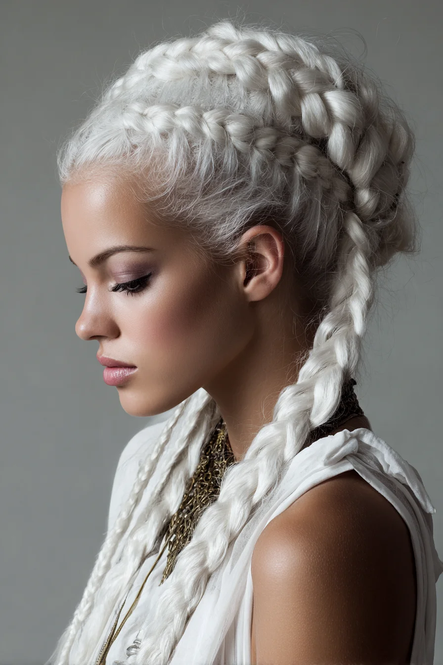 Platinum Crown Dutch Braids into Thick Boho Plaits