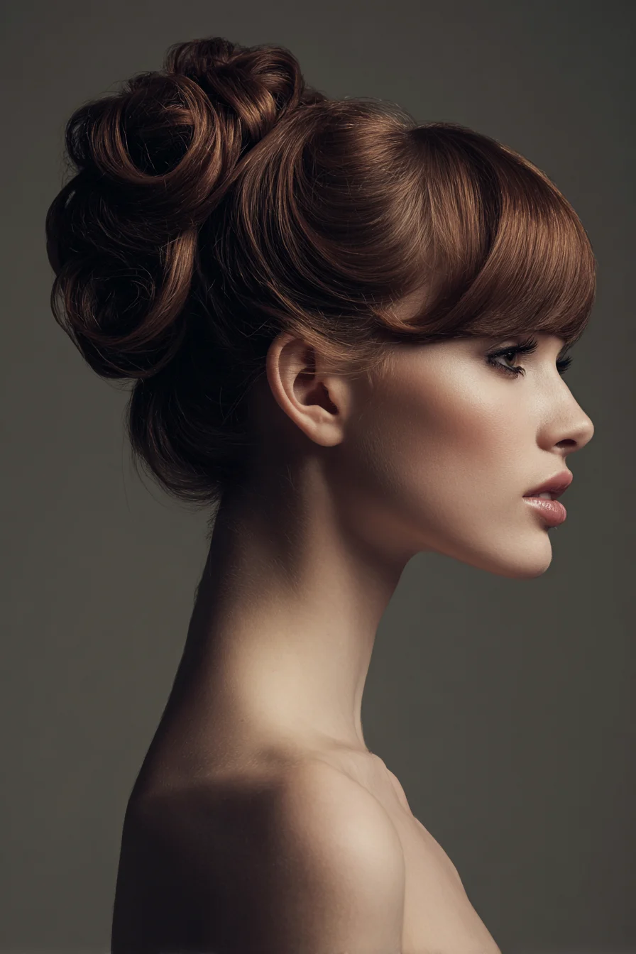 Polished Vintage Updo with Soft Side-Swept Fringe