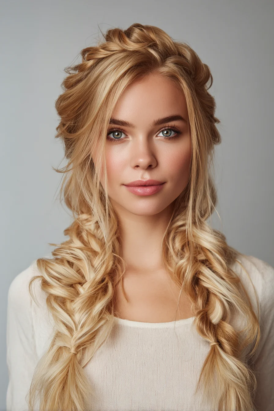 Relaxed Double Fishtail Braids with Soft Crown Volume