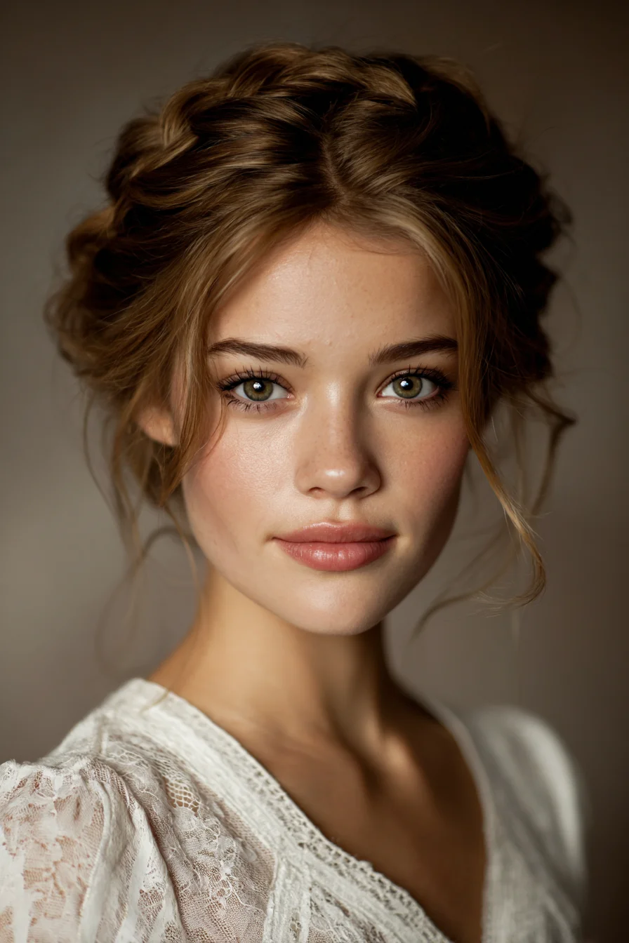 Romantic Braided Crown Updo with Loose Face‑Framing Tendrils