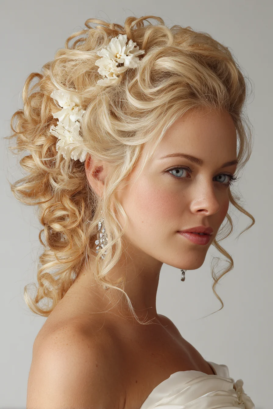 Romantic Curly Half-Up Bridal Updo with Face‑Framing Tendrils